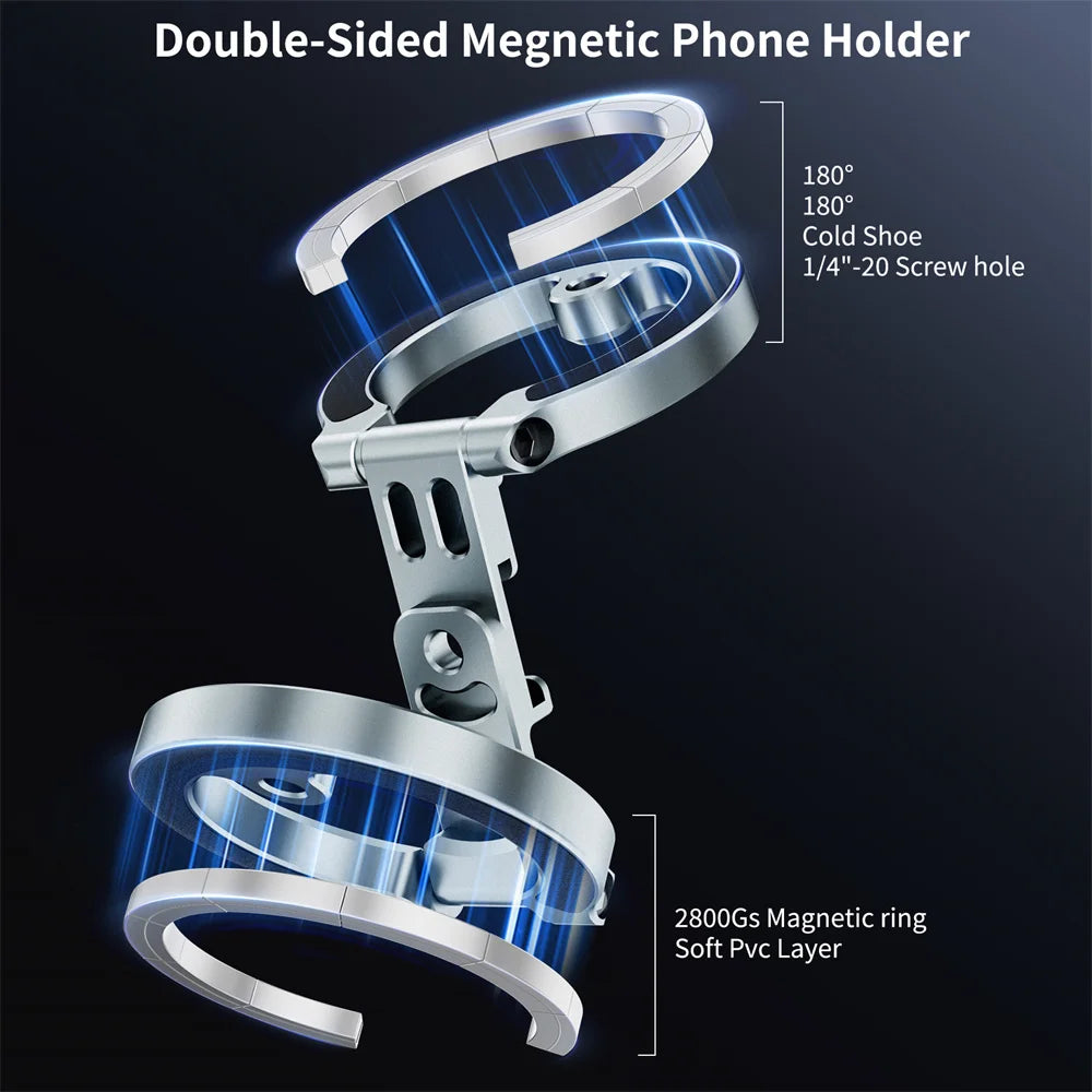 Dual-Sided Magnetic Phone Holder w Cold Shoe 1/4"-20 For MagSafe iPhone 15 14 13 Android Tripod Gym Car Holder Phone Stand