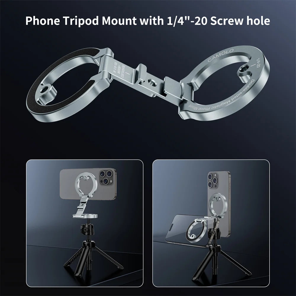 Dual-Sided Magnetic Phone Holder w Cold Shoe 1/4"-20 For MagSafe iPhone 15 14 13 Android Tripod Gym Car Holder Phone Stand